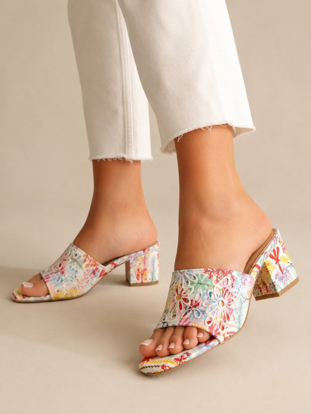 Copper Key Multicolor Floral Block Heel Mules
